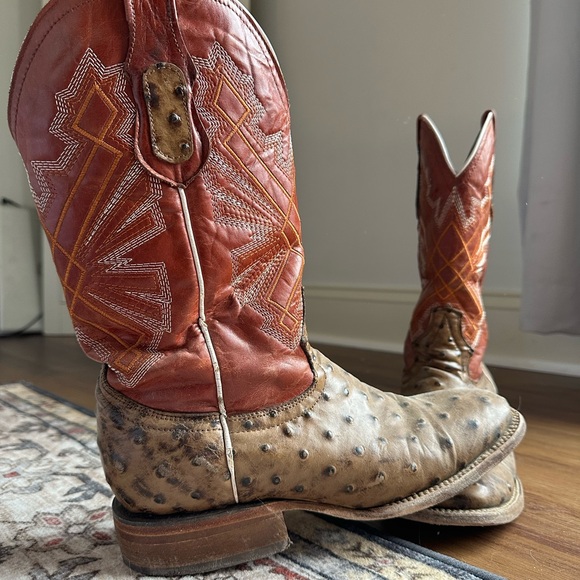 Brown and Red Ostrich Leather Cowboy Boots - Picture 2 of 6